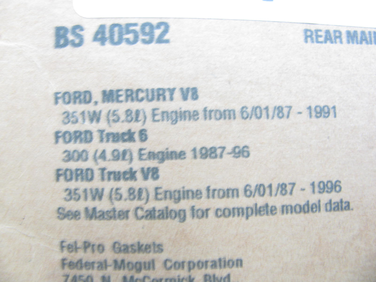 Fel-pro BS40592 Engine Crankshaft Main Bearing REAR Seal Gasket