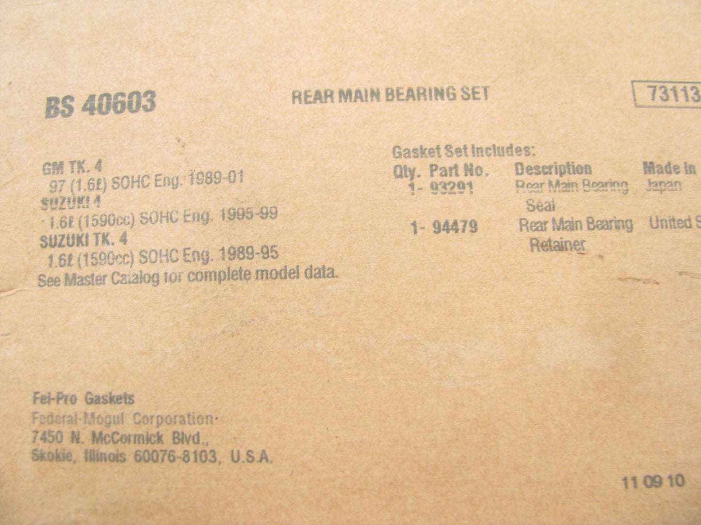 Fel-Pro BS40603 REAR Main Bearing Seal Set 1989-02 Chevrolet Suzuki 1.6L