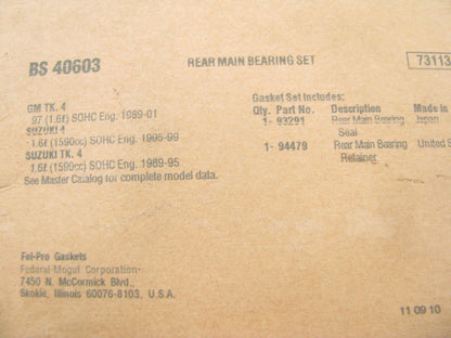Fel-Pro BS40603 REAR Main Bearing Seal Set 1989-02 Chevrolet Suzuki 1.6L
