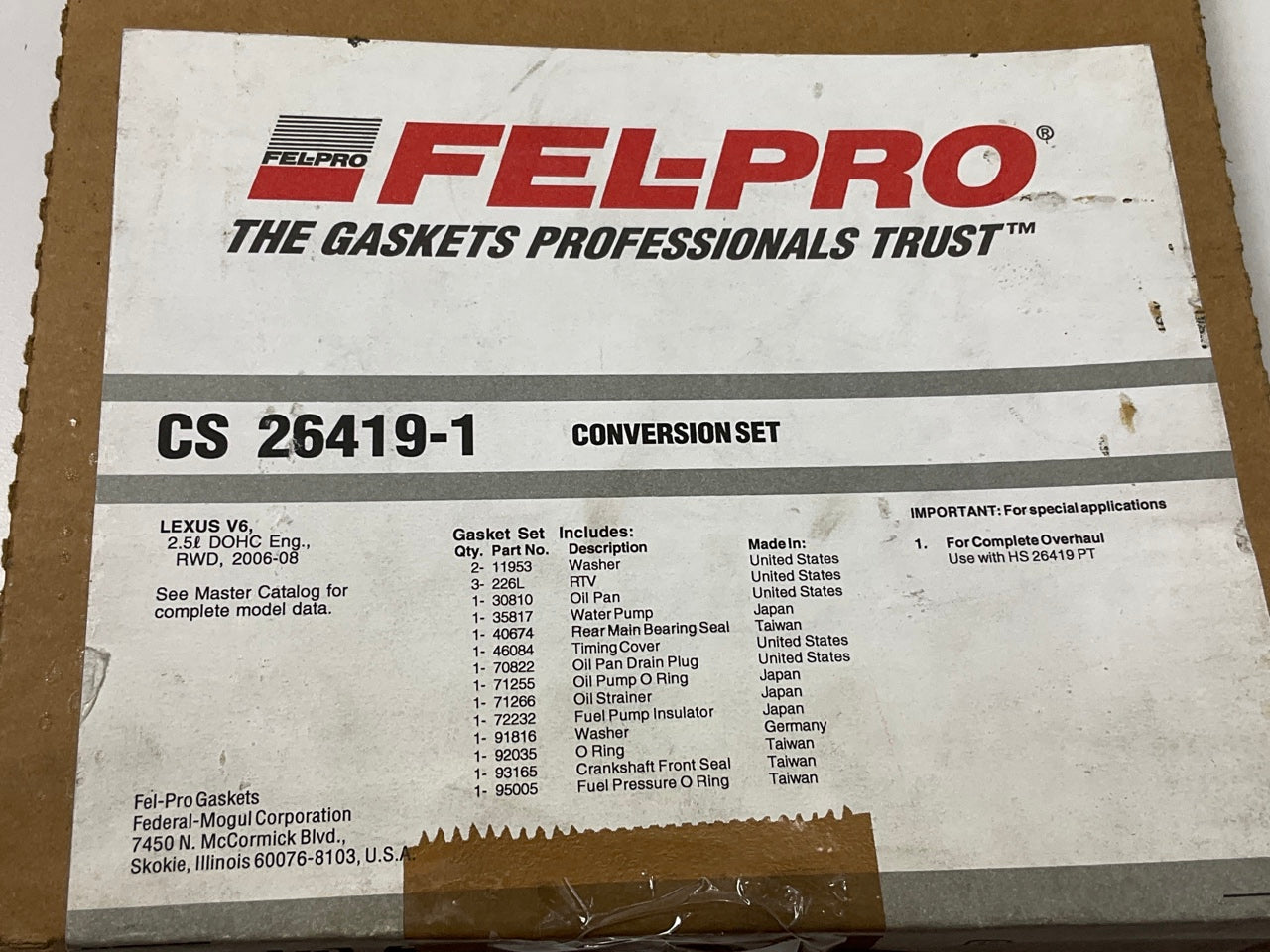 Fel-pro CS26419-1 Conversion (Lower) Gasket Set For 2006-2015 Lexus 2.5L-V6