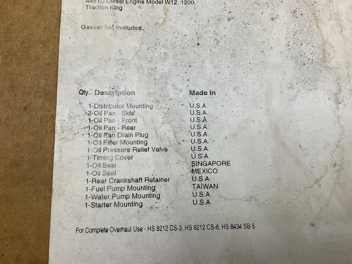 Fel-pro CS8270 Conversion (Lower) Gasket Set For Case 377 A401 A401D A451D