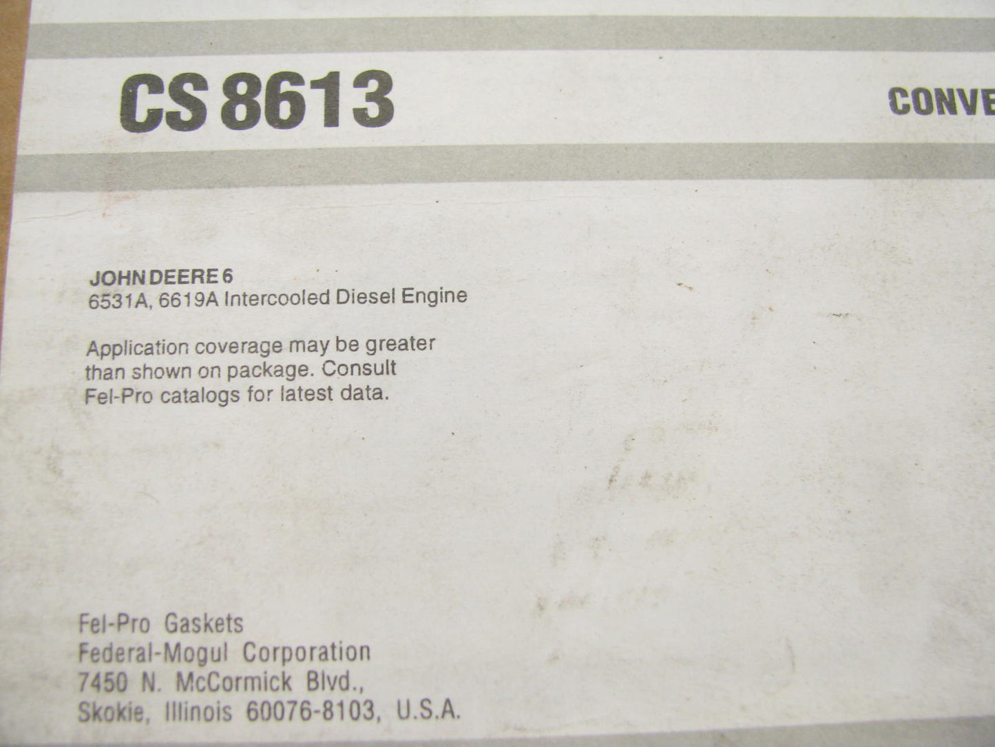 Fel-pro CS8613 Conversion Lower Gasket Set For John Deere 3531A 6619A Diesel