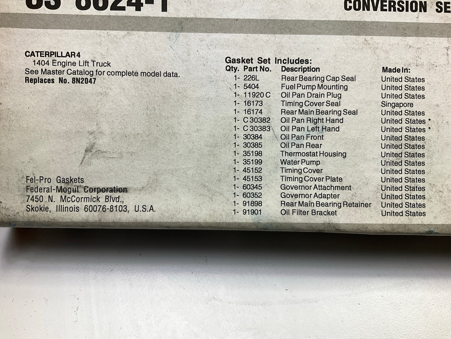 Fel-pro CS8624-1 Conversion (Lower) Gasket Set For CAT / Hercules 1404 Forklift