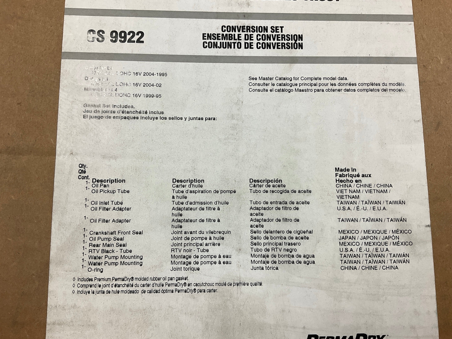 Fel-pro CS9922 Conversion (Lower) Gasket Set For 1995-2004 Chrysler 2.0L-L4 DOHC