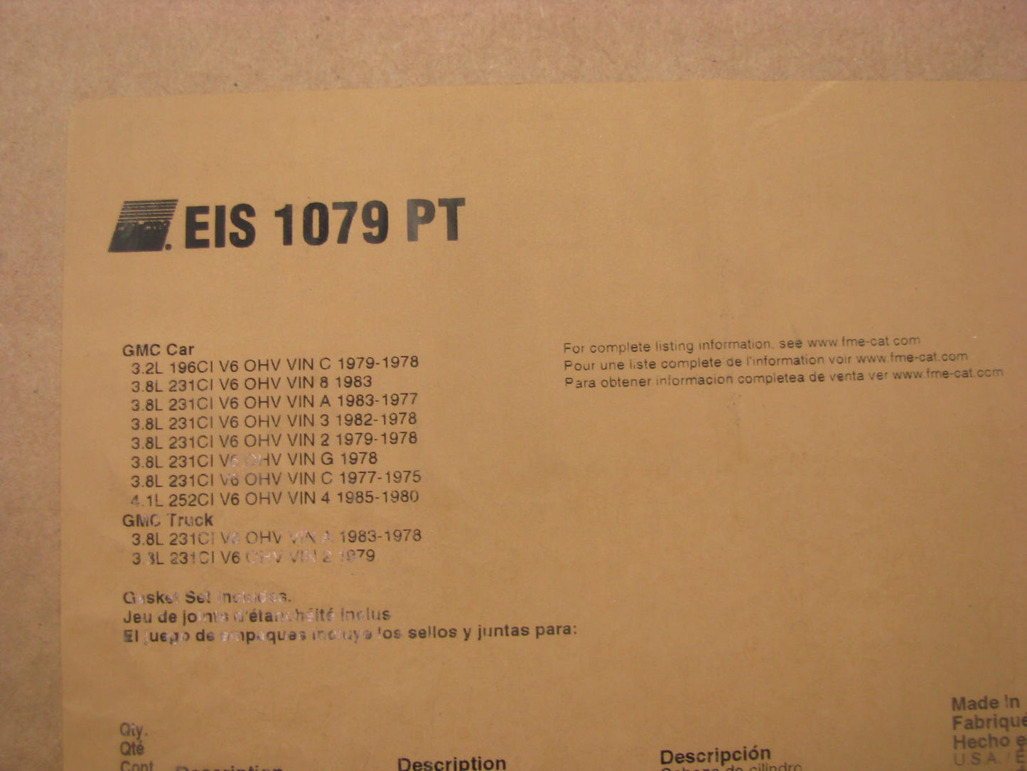 Fel-pro EIS1079PT Short Block Engine Gasket Set 1977-1983 GM 3.2L 3.8L 4.1L-V6