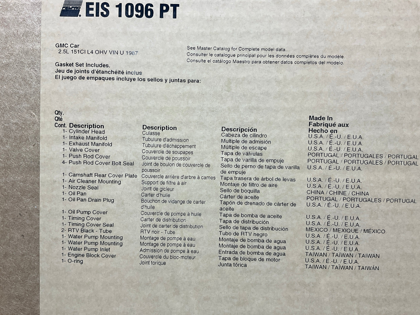 Fel-pro EIS1096PT Engine Rebuilder Gasket Set - 1987 Pontiac 2.5L 151 Iron Duke