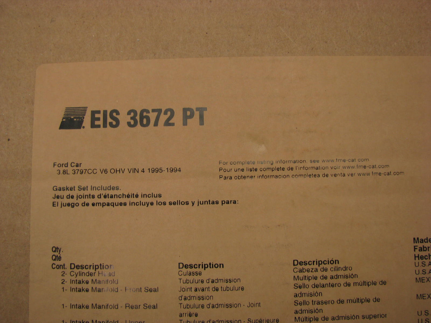 Fel-pro EIS3672PT Engine Short Block Gasket Set for 1994-1995 Ford 3.8L-V6
