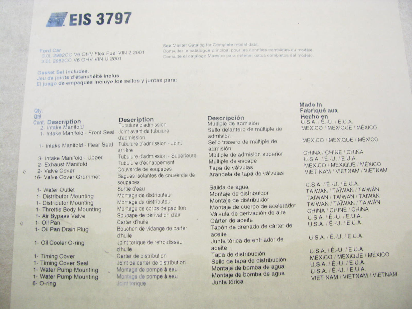 Fel-pro EIS3797 PARTIAL Engine Rebuild Gasket Set For 2001 Ford 3.0L V6 OHV