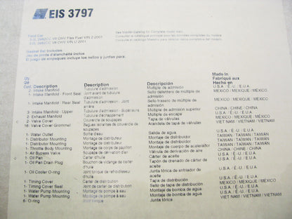 Fel-pro EIS3797 PARTIAL Engine Rebuild Gasket Set For 2001 Ford 3.0L V6 OHV