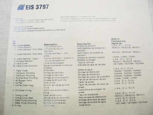 Fel-pro EIS3797 PARTIAL Engine Rebuild Gasket Set For 2001 Ford 3.0L V6 OHV