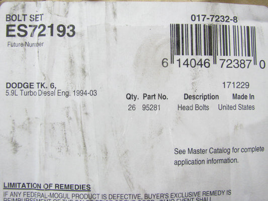 Fel-pro ES72193 Cylinder Head Bolt Set For 98-13 Ram 5.9L 6.7L Cummins Diesel