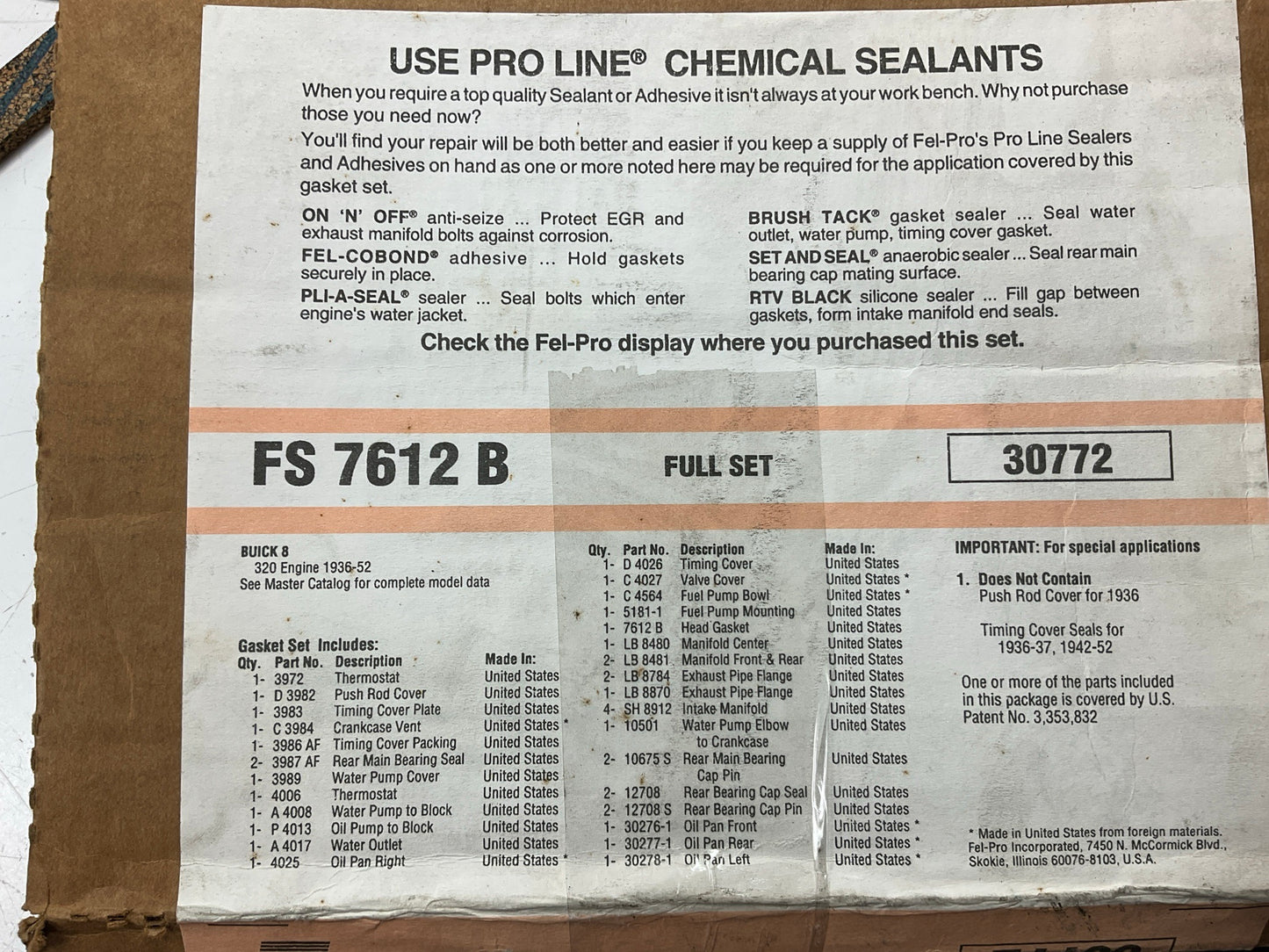 Fel-Pro FS7612B Engine Full Gasket Set For 1936-1952 Buick 320-L8 STRAIGHT EIGHT