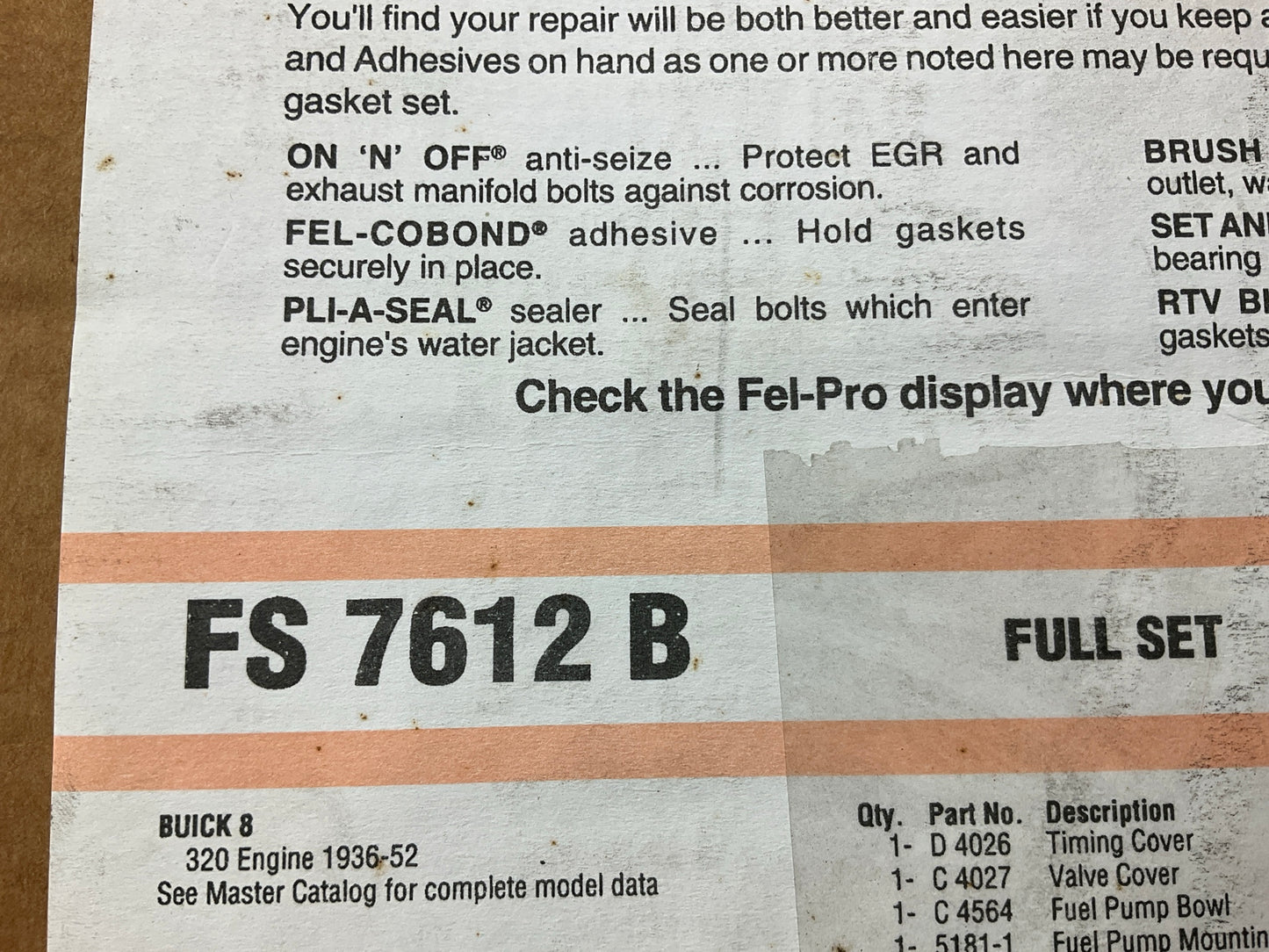 Fel-Pro FS7612B Engine Full Gasket Set For 1936-1952 Buick 320-L8 STRAIGHT EIGHT