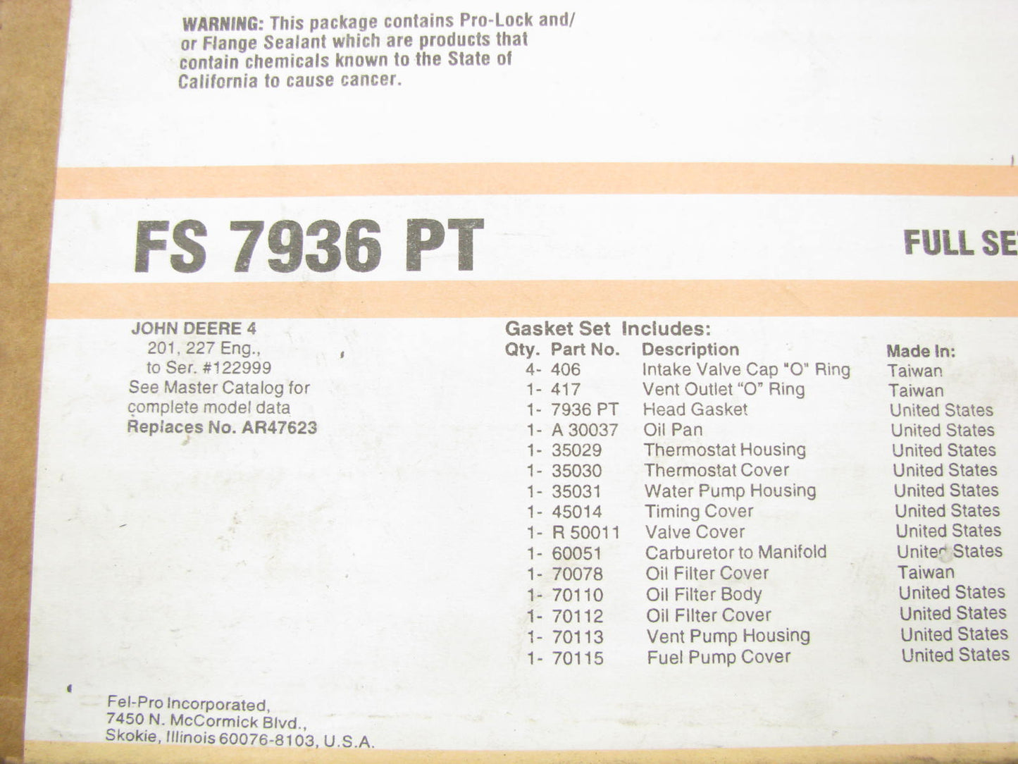Fel-pro FS7936PT Full Engine Gasket Set For John Deere 201 227
