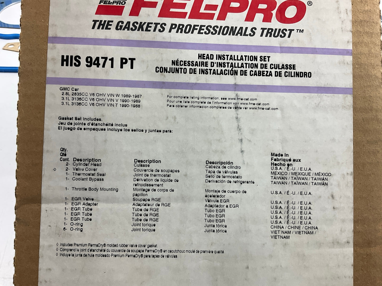 Fel-Pro HIS9471PT Cylinder Head Gasket Set For 1987-1990 Chevrolet 2.8L 3.1L-V6