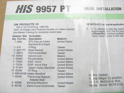 Fel-pro HIS9957PT Engine Cylinder Head Gasket Set For 1993-1996 GM 3.1L-V6