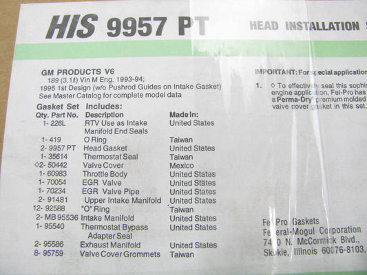 Fel-pro HIS9957PT Engine Cylinder Head Gasket Set For 1993-1996 GM 3.1L-V6