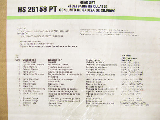 Fel-pro HS26158PT Cylinder Head Gasket Set for 1998-1999 Corolla, Prizm 1.8L