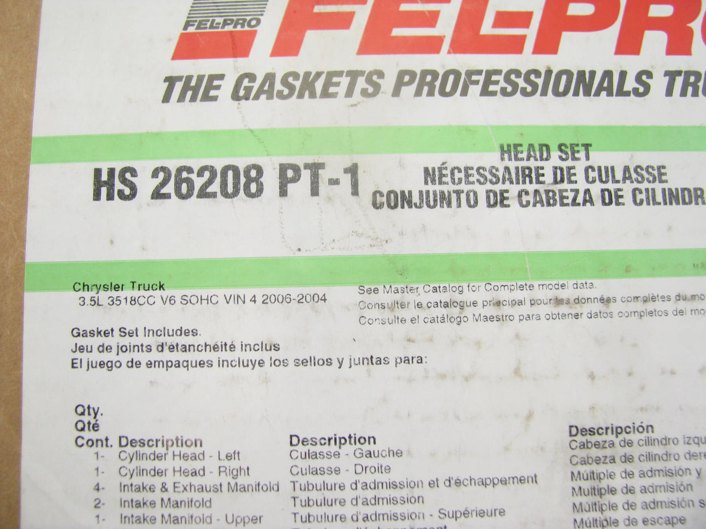 Fel-pro HS26208PT-1 Cylinder Head Gasket Set For 2004-2006 Pacifica 3.5L-V6