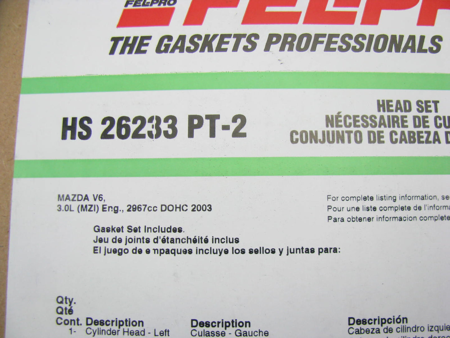 Fel-pro HS26233PT-2 Cylinder Head Gasket Set For 2003 Mazda 6 3.0L-V6