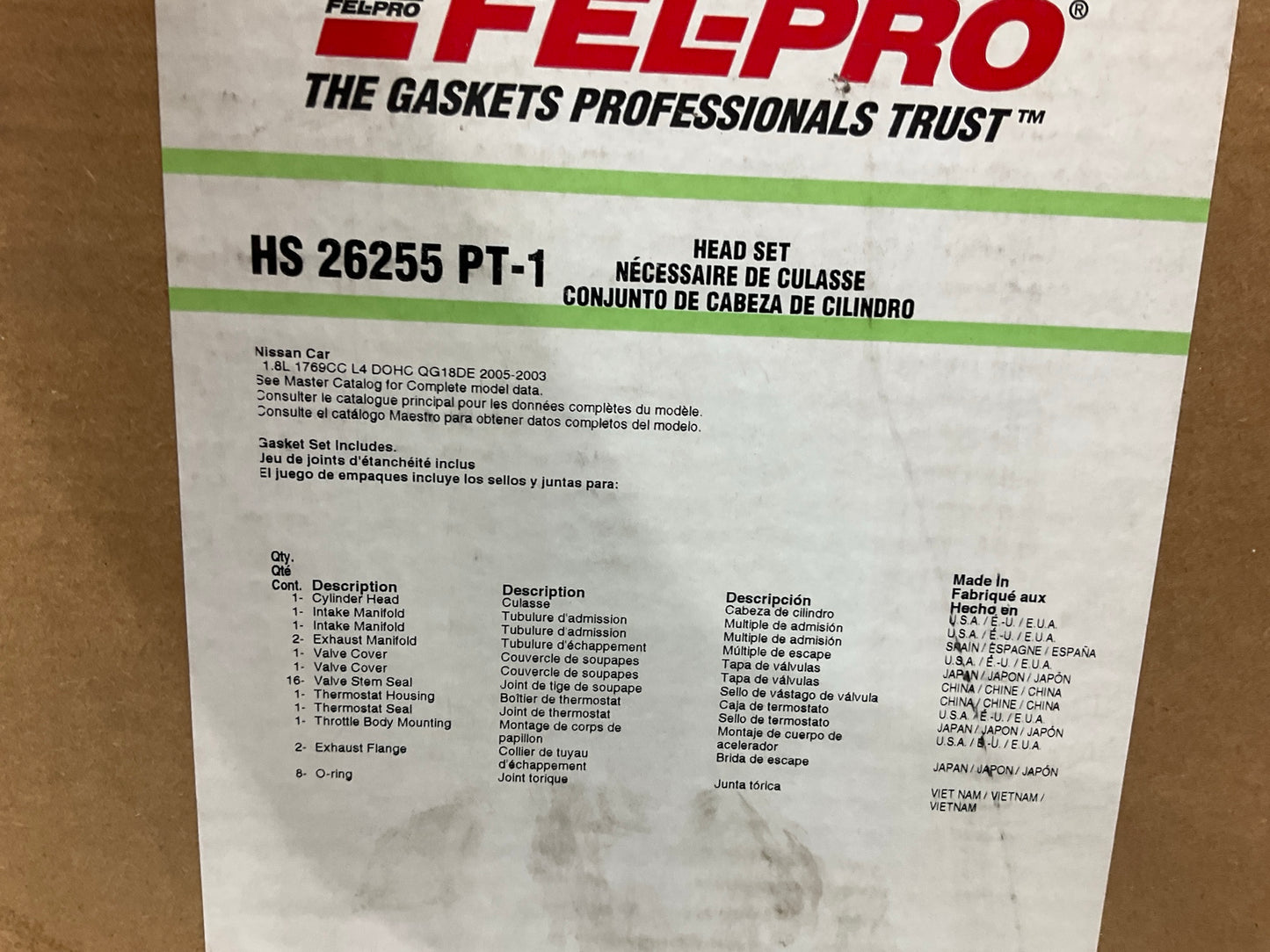 Fel-Pro HS26255PT-1 Cylinder Head Gasket Set For 2000-03 Nissan Sentra - 1.8L I4