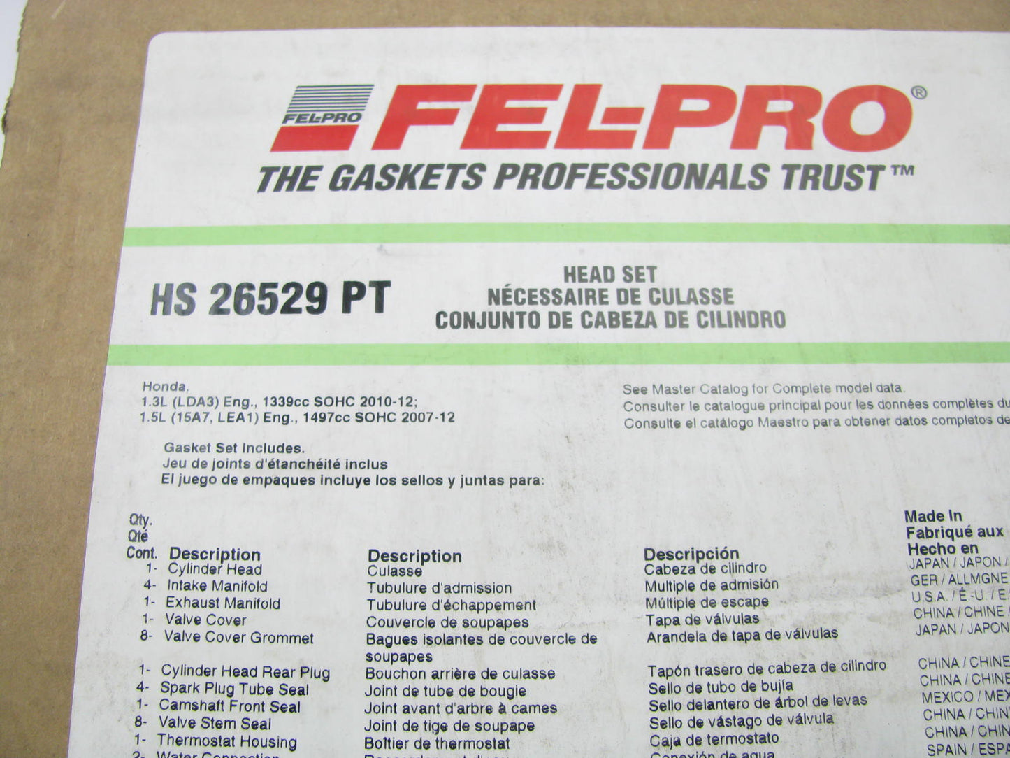 Fel-pro HS26529PT Cylinder Head Gasket Set For 2010 Honda Insight 1.3L-L4 Hybrid