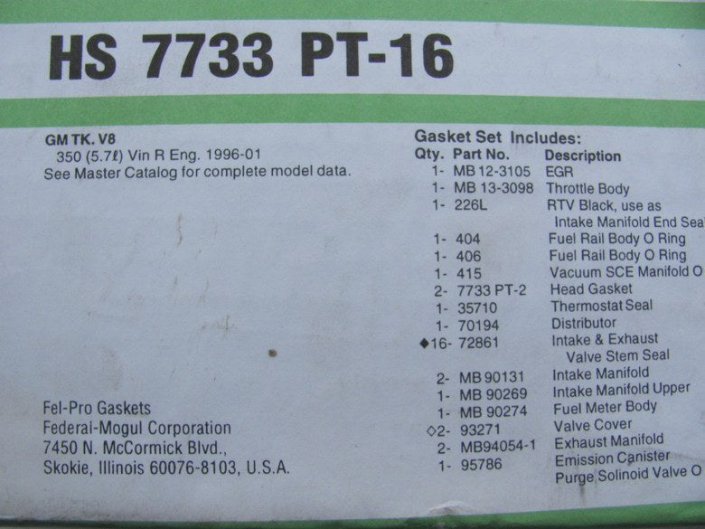 Fel-pro HS7733PT16 Cylinder Head Gasket Set 1996-2002 Chevy GMC 5.7L 350 Truck