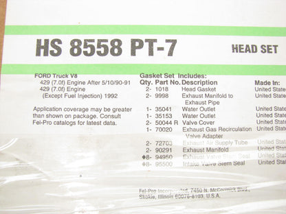 Fel-pro HS8558PT7 Cylinder Head Gasket Set for 1990-1991 Ford Truck 370 429-V8