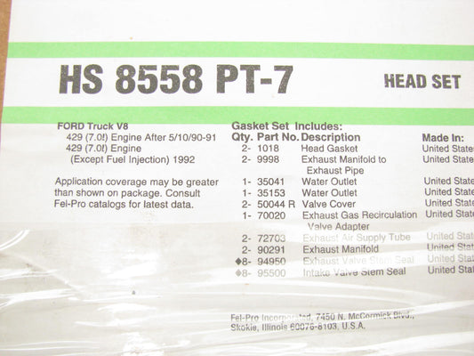 Fel-pro HS8558PT7 Cylinder Head Gasket Set for 1990-1991 Ford Truck 370 429-V8