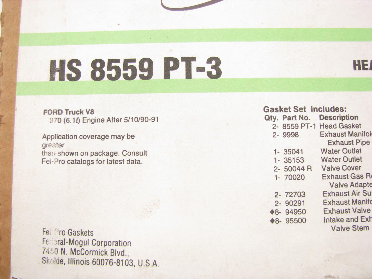 Fel-pro HS8559PT3 Cylinder Head Gasket Set for 1990-1991 Ford Truck 370 429-V8