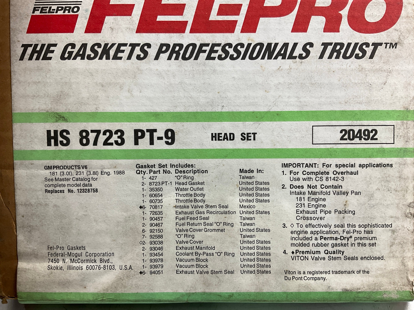 Fel-pro HS8723PT9 Cylinder Head Gasket Set 1988 Buick Oldsmobile 3.0L 3.8L-V6