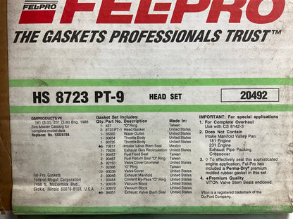Fel-pro HS8723PT9 Cylinder Head Gasket Set 1988 Buick Oldsmobile 3.0L 3.8L-V6