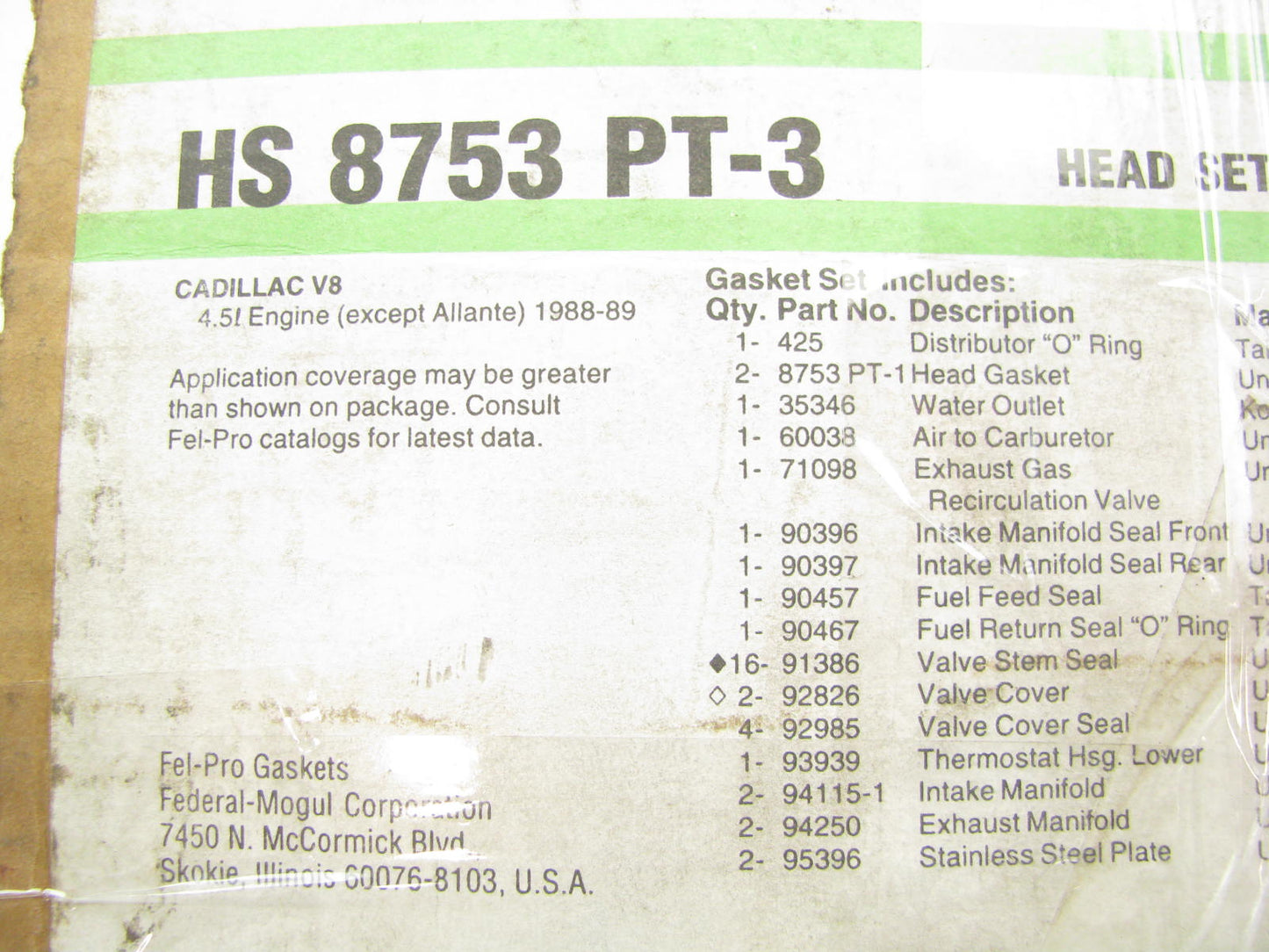 Fel-pro HS8753PT-3 Cylinder Head Gasket Set 1988-1989 Cadillac 4.5L V8