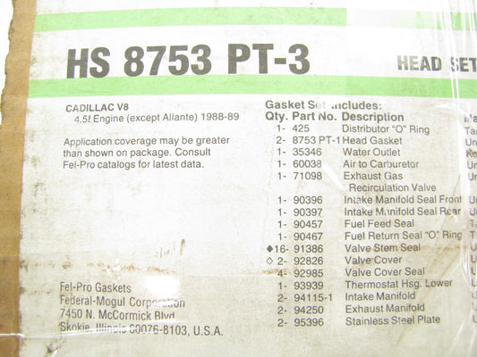 Fel-pro HS8753PT-3 Cylinder Head Gasket Set 1988-1989 Cadillac 4.5L V8