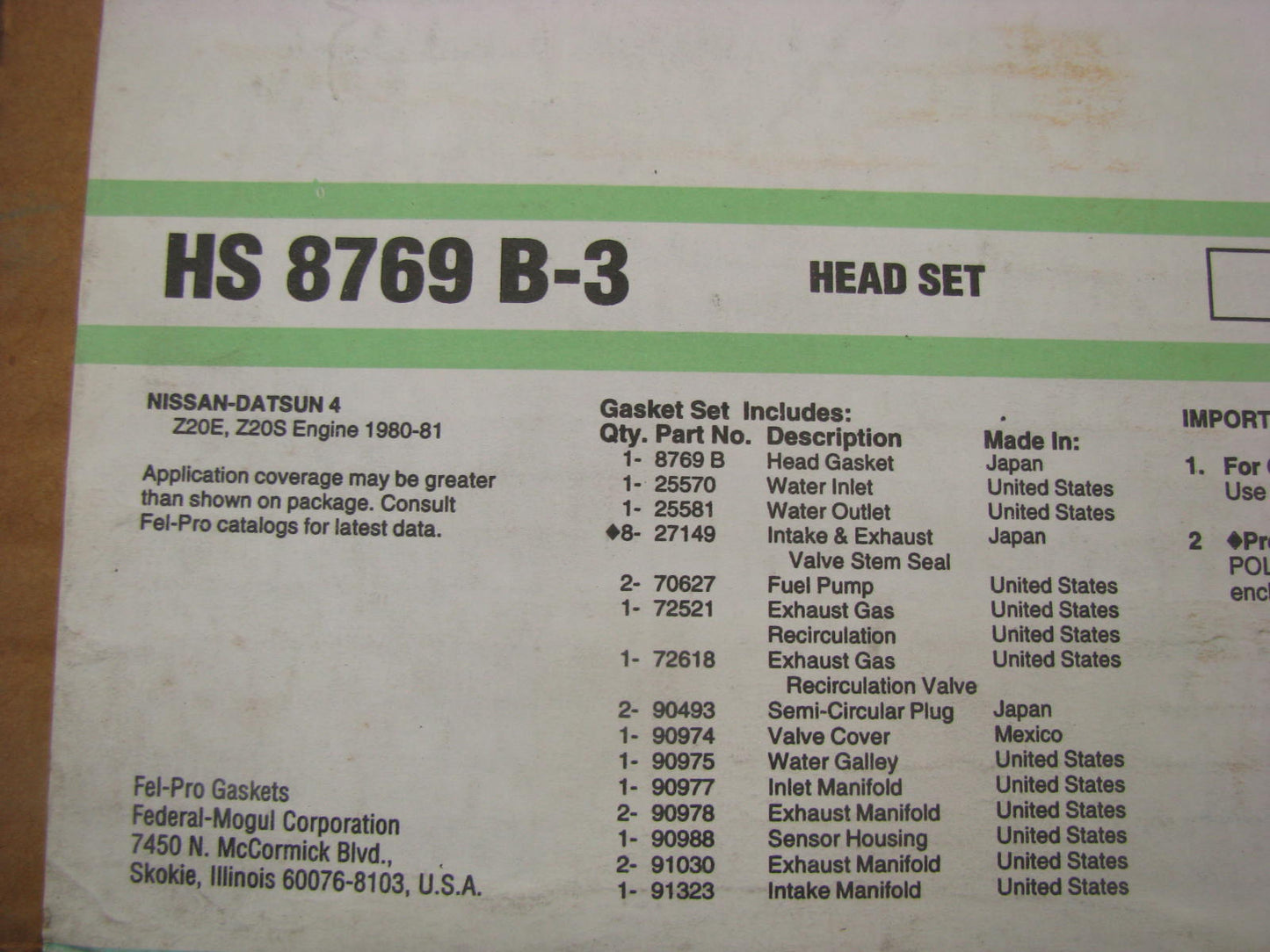 Fel-pro HS8769B3 Cylinder Head Gasket Set For 1980-1981 Datsun 2.0L 200SX, 510