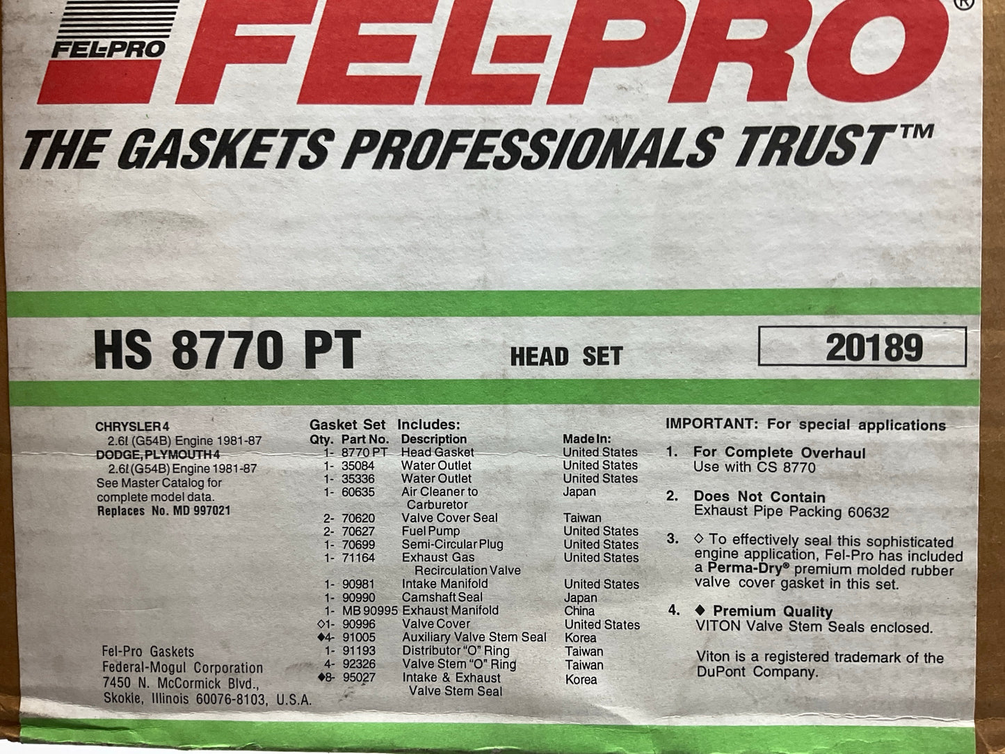 Fel-Pro HS8770PT Cylinder Head Gasket Set For 1981-1987 Dodge 2.6L L4 SOHC