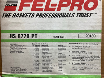 Fel-Pro HS8770PT Cylinder Head Gasket Set For 1981-1987 Dodge 2.6L L4 SOHC