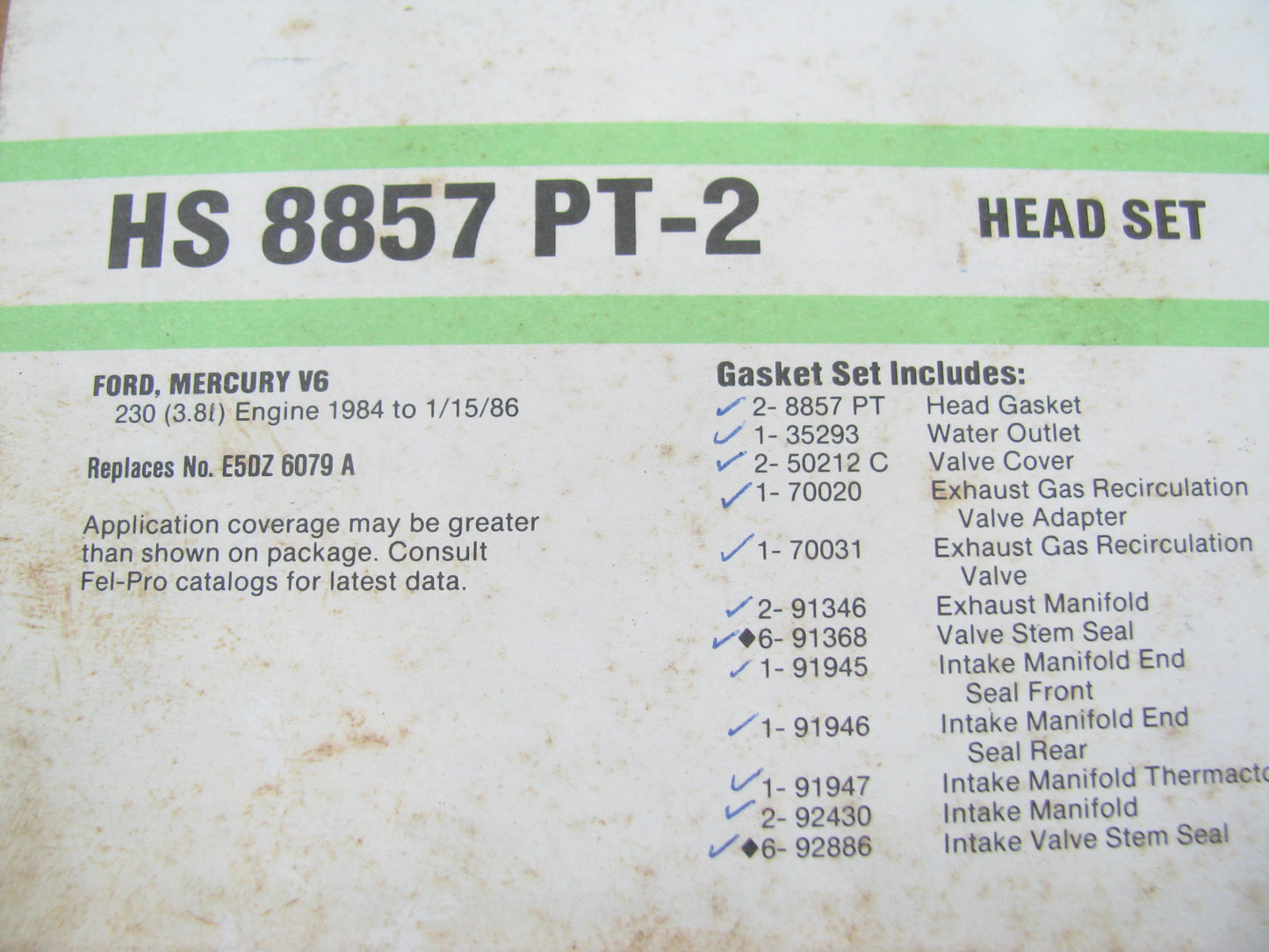 Fel-pro HS8857PT2 Engine Cylinder Head Gasket Set - 1984-1986 Ford 232 3.8L V6