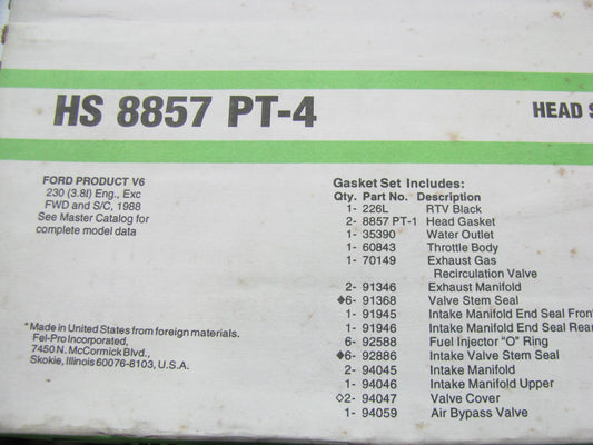 Fel-pro HS8857PT4 Cylinder Head Gasket Set For 1988 Thunderbird Cougar 3.8L-V6