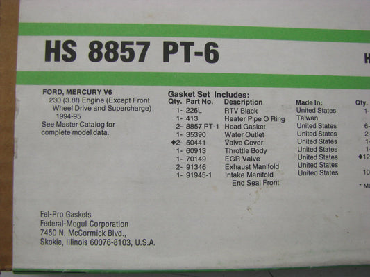 Fel-Pro HS8857PT6 Cylinder Head Gasket Set 1994-95 Thunderbird Cougar 3.8L V6