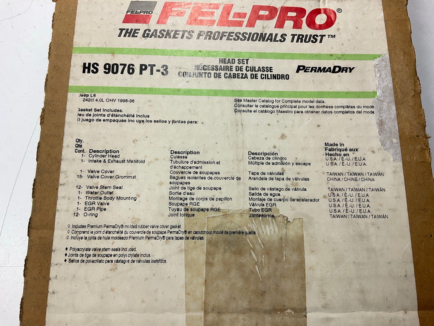 Fel-pro HS9076PT-3 Engine Cylinder Head Gasket Set For 1996-1999 Jeep 4.0L I6