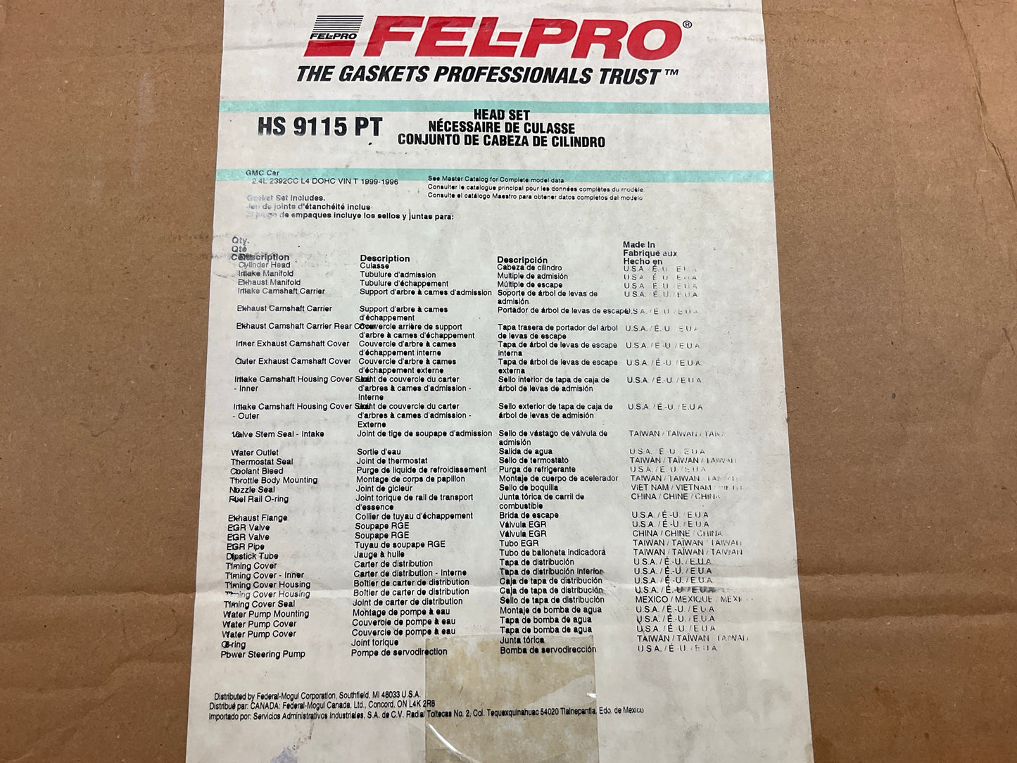 Fel-pro HS9115PT Engine Cylinder Head Gasket Set For 1996-1999 GM 2.4L-L4