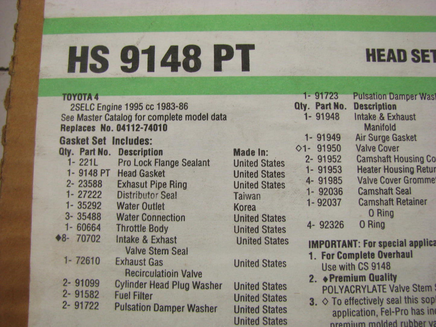 Fel-pro HS9148PT Cylinder Head Gasket Set for 1983-1986 Toyota 2.0L