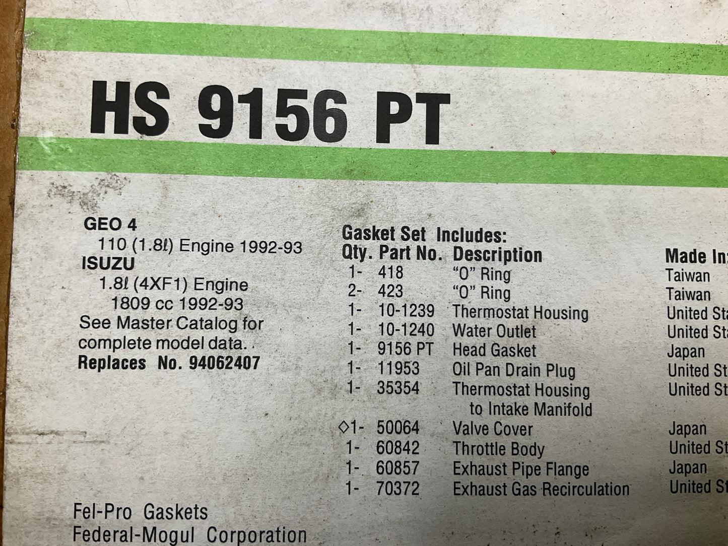 Fel-pro HS9156PT Cylinder Head Gasket Set - 1992-1993 Geo Storm 1.8L ISUZU 4XF1