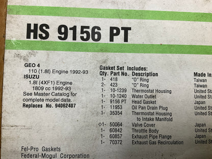 Fel-pro HS9156PT Cylinder Head Gasket Set - 1992-1993 Geo Storm 1.8L ISUZU 4XF1