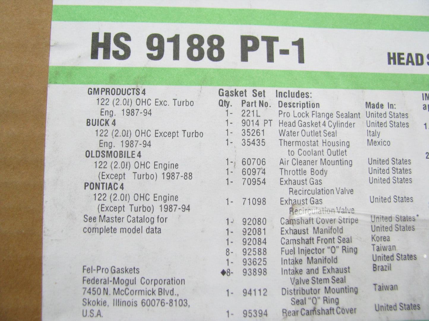 Fel-Pro HS9188PT1 Cylinder Head Gasket Set 1987-94 Ponitac Buick 2.0L I4