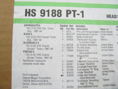 Fel-Pro HS9188PT1 Cylinder Head Gasket Set 1987-94 Ponitac Buick 2.0L I4