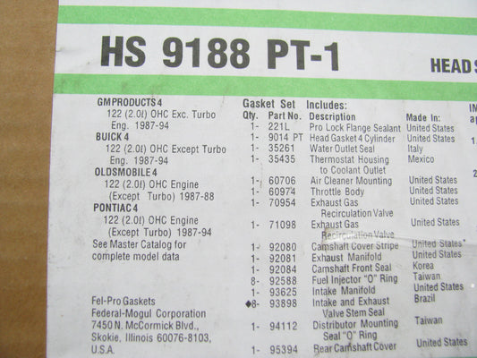 Fel-Pro HS9188PT1 Cylinder Head Gasket Set 1987-94 Ponitac Buick 2.0L I4