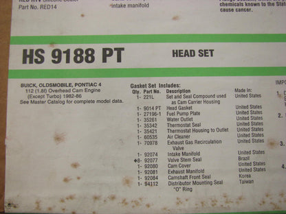 Fel-Pro HS9188PT Cylinder Head Gasket Set 1987-88 Buick, 87-94 Pontiac 2.0L