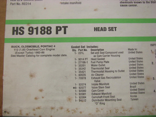 Fel-Pro HS9188PT Cylinder Head Gasket Set 1987-88 Buick, 87-94 Pontiac 2.0L